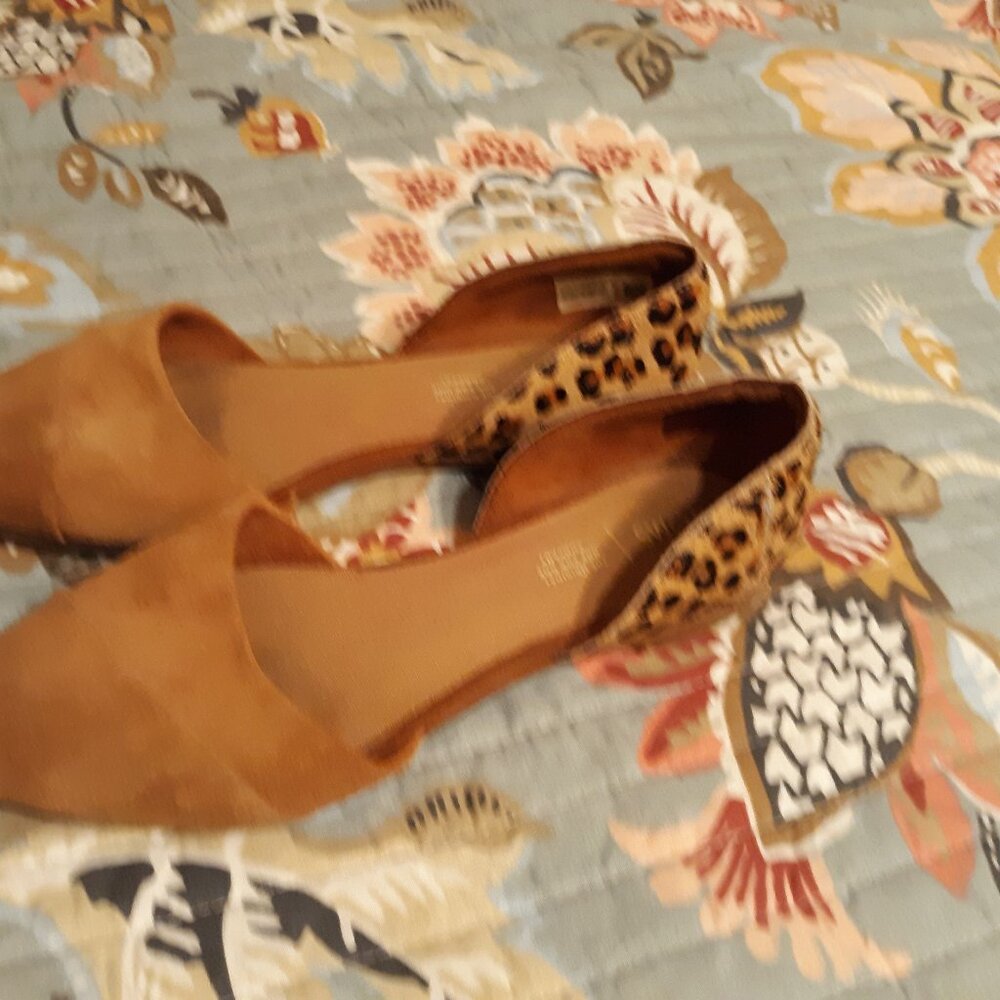 Toms Tan Suede D'Orsay Flats with Leopard Heel Accent